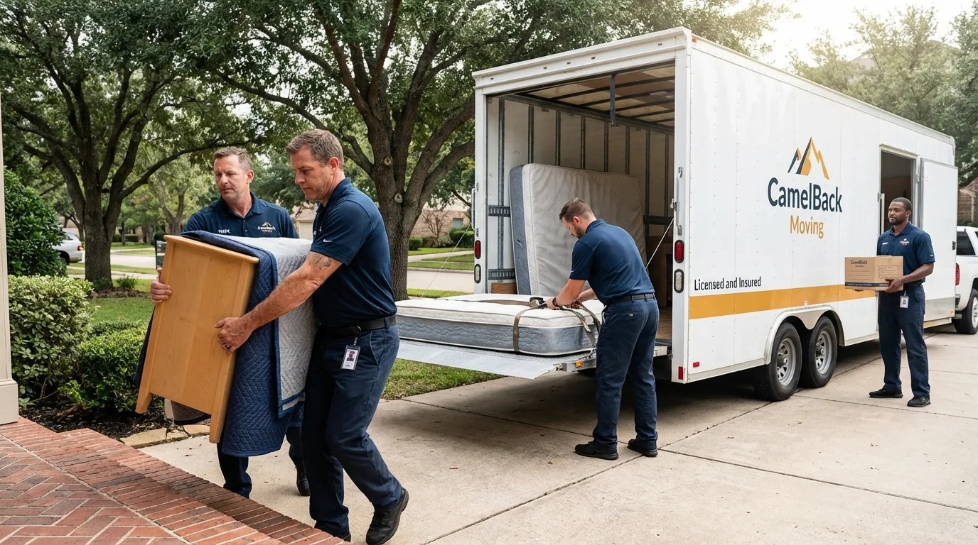 Crew loading residential truck for cross-state move from San Mateo, CA