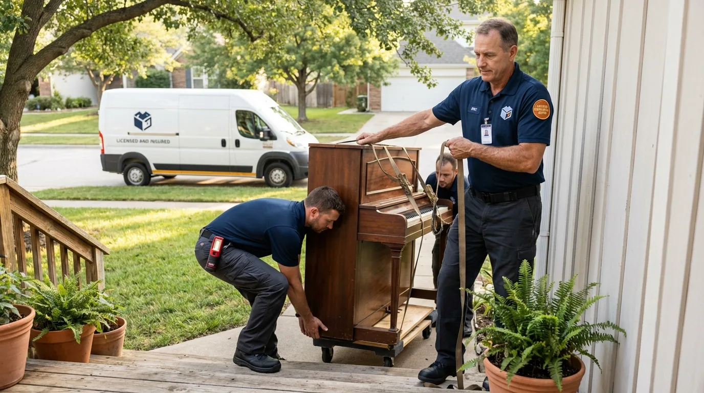 Licensed piano movers securing grand piano in San Mateo, CA