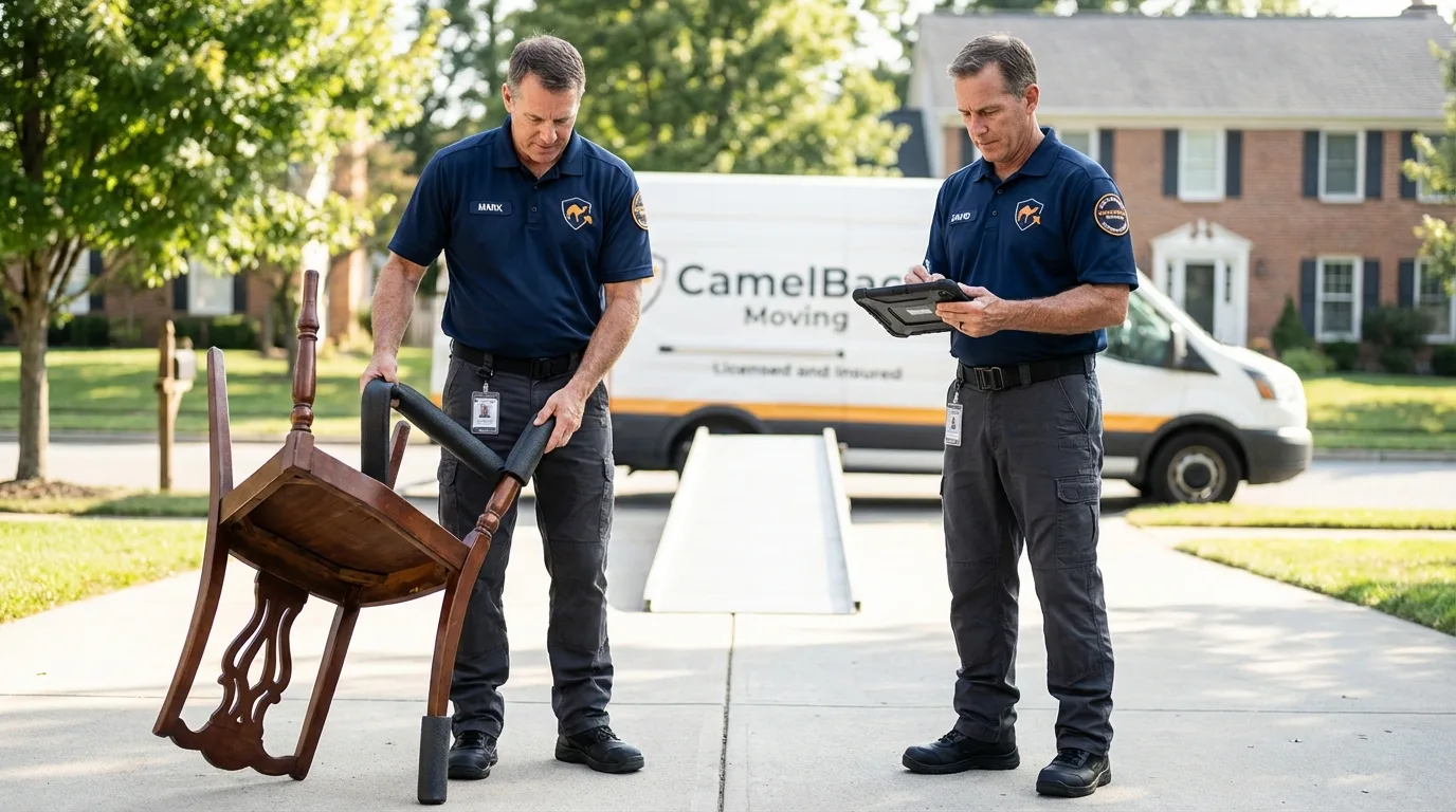 Movers inspecting furniture for damage prevention before loading in San Mateo, CA