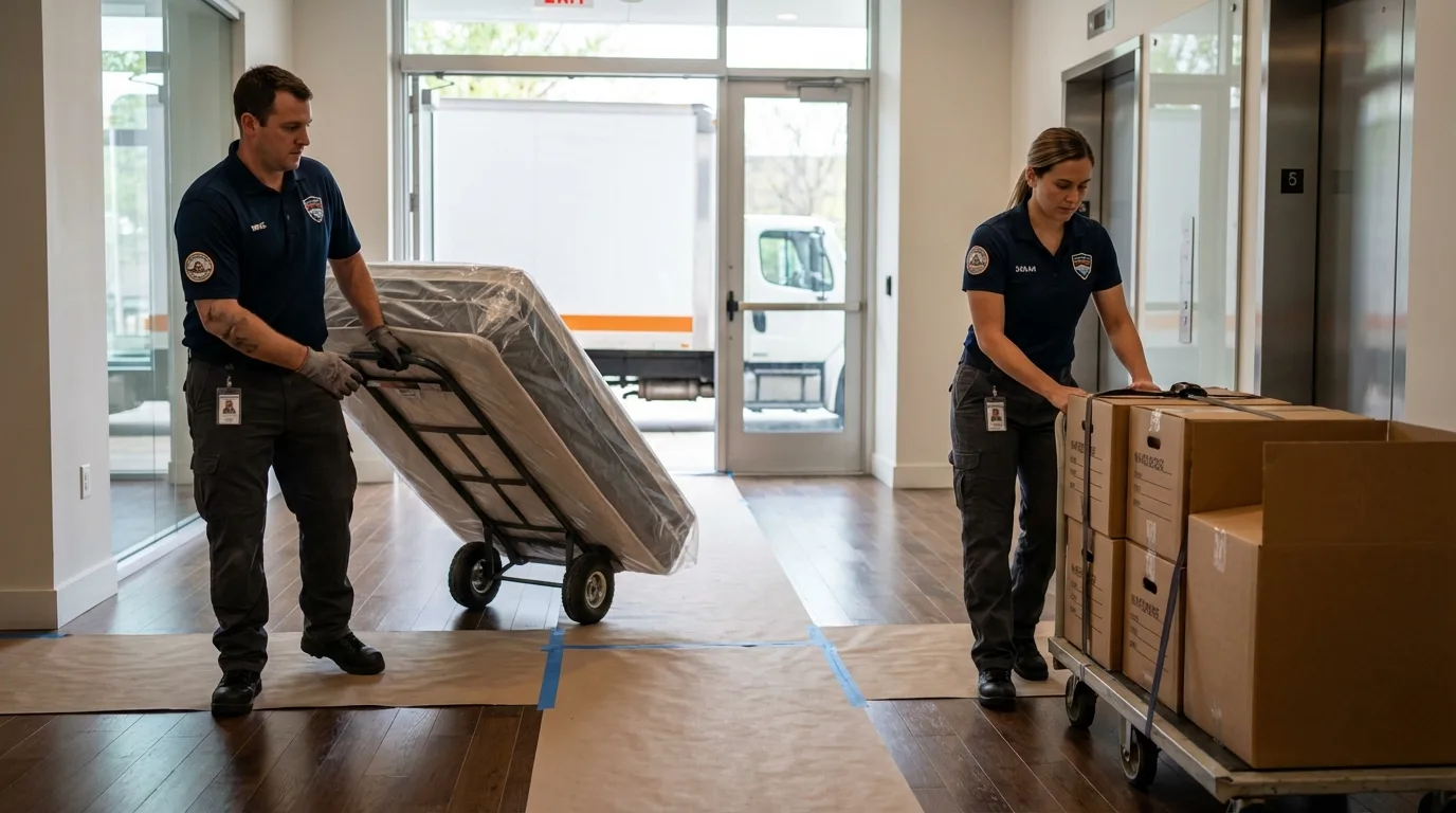 Professional apartment movers loading elevator in San Mateo, CA