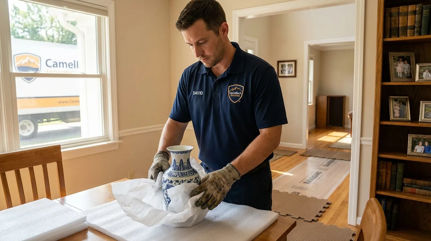 Professional crew carefully wrapping antique vase for senior downsizing move in San Mateo, CA